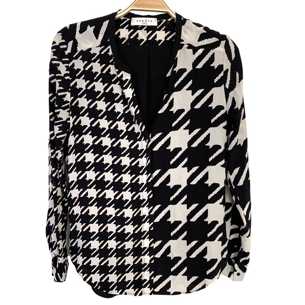 Sandro Paris Silk Black and White Houndstooth‎ Blouse S Career Office Layering